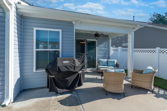 view of patio / terrace featuring grilling area, ceiling fan, and outdoor lounge area