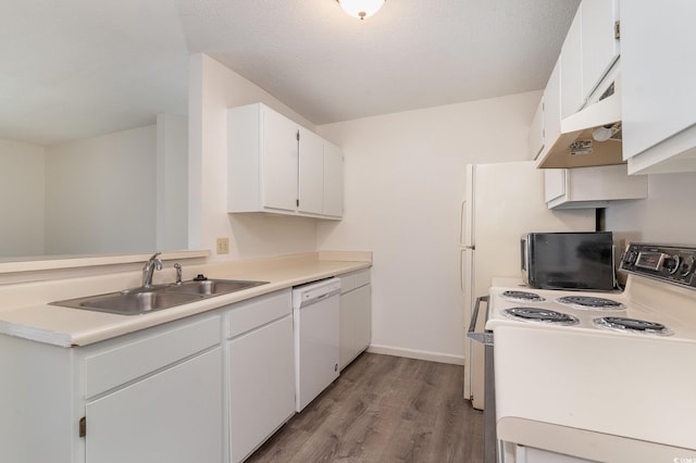 kitchen with white appliances, exhaust hood, sink, light hardwood / wood-style flooring, and white cabinetry