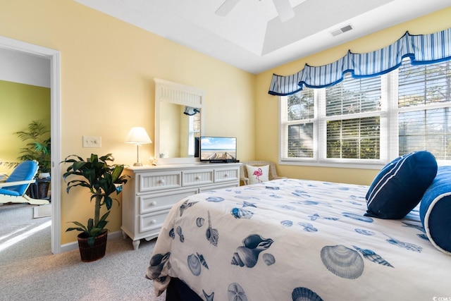 carpeted bedroom featuring ceiling fan