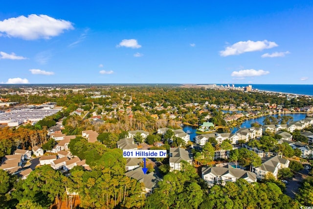 drone / aerial view featuring a water view