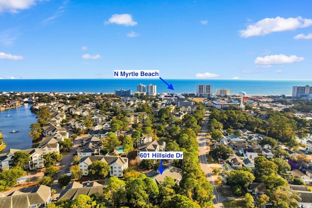 aerial view featuring a water view