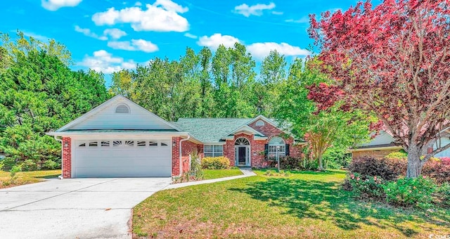 single story home with a garage and a front lawn