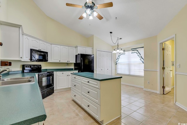 kitchen featuring white cabinetry, sink, pendant lighting, vaulted ceiling, and black appliances