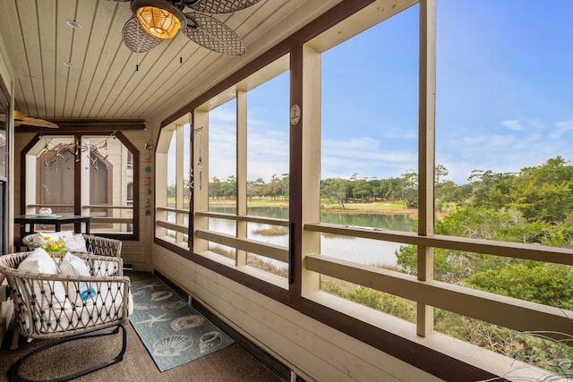 sunroom / solarium featuring ceiling fan, a water view, and wooden ceiling