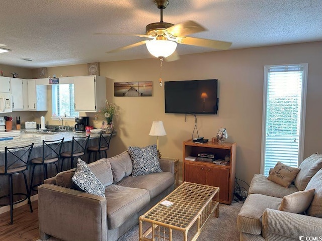 living room with ceiling fan, plenty of natural light, a textured ceiling, and hardwood / wood-style flooring