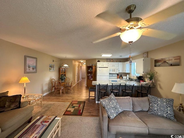 living room featuring a textured ceiling, light wood-type flooring, ceiling fan, and sink