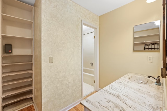 bathroom featuring hardwood / wood-style floors and vanity