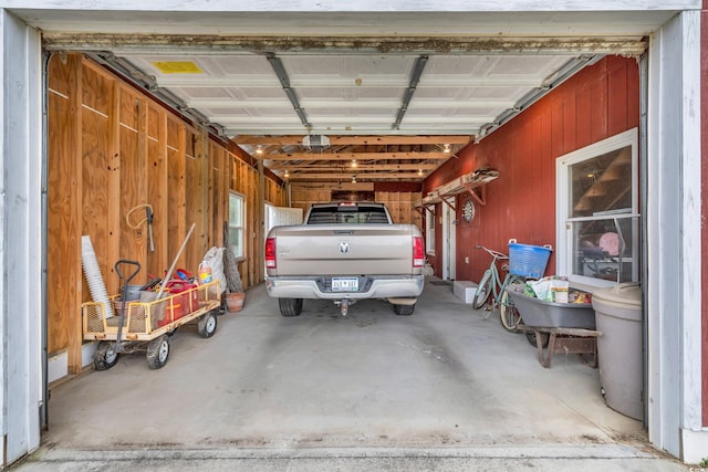 garage with wood walls