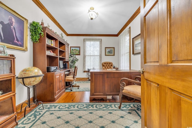 home office with crown molding and light hardwood / wood-style floors