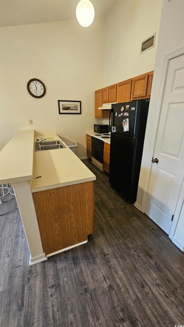 kitchen with sink, high vaulted ceiling, dark hardwood / wood-style floors, white electric stove, and black refrigerator