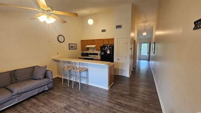 living room with dark hardwood / wood-style floors, ceiling fan, and high vaulted ceiling