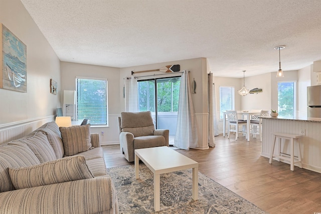 living room with a textured ceiling and light wood-type flooring