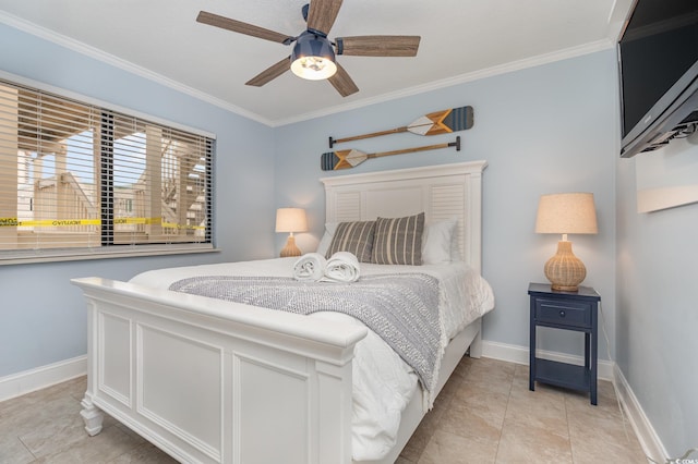 bedroom with light tile patterned floors, ceiling fan, and ornamental molding