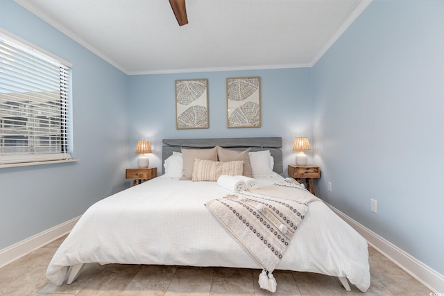 bedroom featuring ceiling fan and crown molding