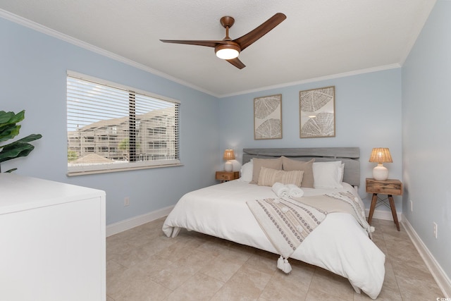 bedroom featuring ceiling fan, ornamental molding, and light tile patterned flooring