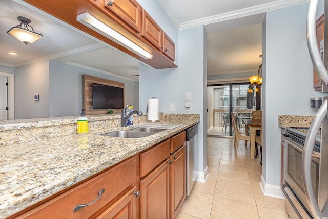 kitchen with sink, stainless steel appliances, light stone counters, crown molding, and light tile patterned floors