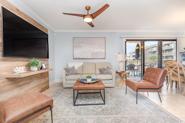 tiled living room with ceiling fan and ornamental molding