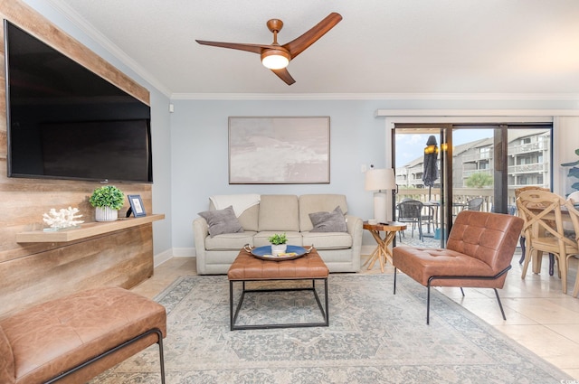 9661 Shore Dr Unit B30, Myrtle Beach, SC 29572 - living area featuring ceiling fan, ornamental molding, baseboards, and light tile patterned floors