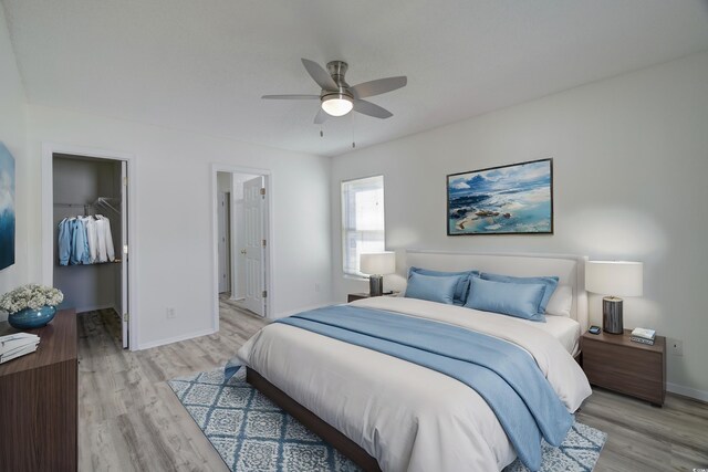 bedroom with a walk in closet, light hardwood / wood-style flooring, a closet, and ceiling fan