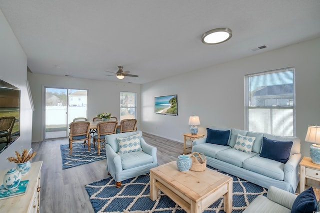 living room with ceiling fan and wood-type flooring