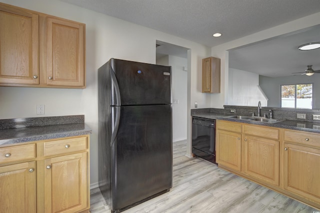 kitchen featuring ceiling fan, sink, light hardwood / wood-style flooring, a textured ceiling, and black appliances