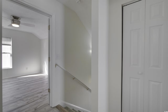 stairs featuring ceiling fan, wood-type flooring, and vaulted ceiling