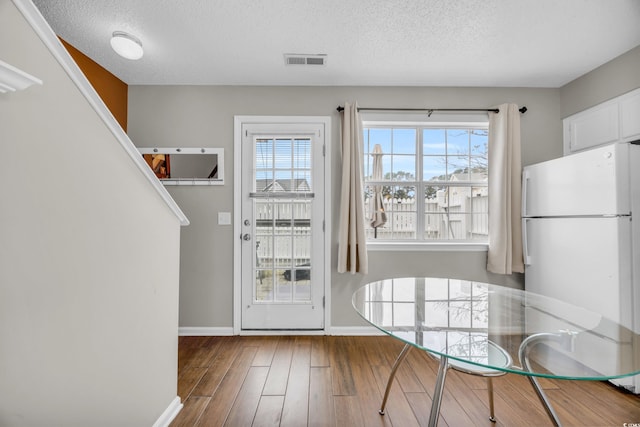 entryway featuring a textured ceiling, hardwood / wood-style flooring, and a healthy amount of sunlight