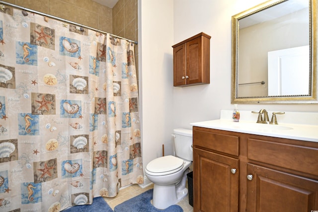 bathroom featuring tile patterned flooring, vanity, toilet, and a shower with curtain