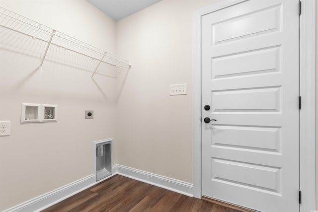 laundry room with hookup for an electric dryer, dark wood-type flooring, and hookup for a washing machine