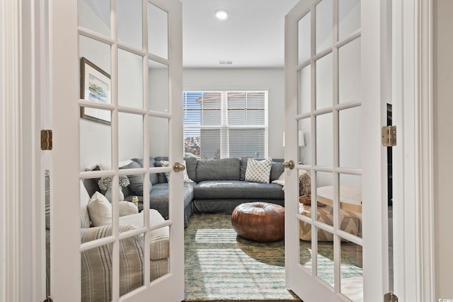 living room featuring french doors