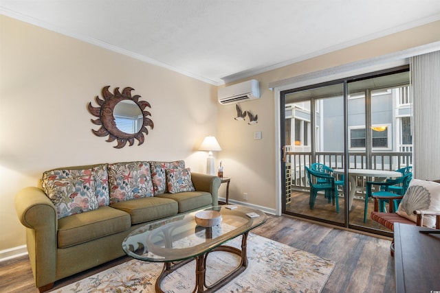 living room with dark hardwood / wood-style floors, an AC wall unit, and ornamental molding