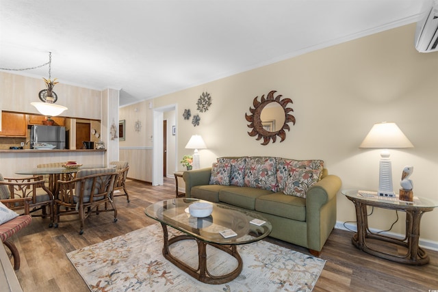 living room featuring a wall mounted air conditioner, wooden walls, dark hardwood / wood-style floors, and crown molding