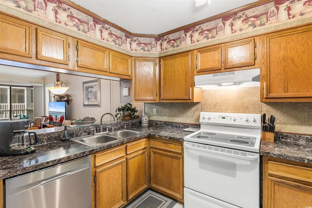 kitchen featuring white range with electric cooktop, stainless steel dishwasher, sink, and dark stone counters