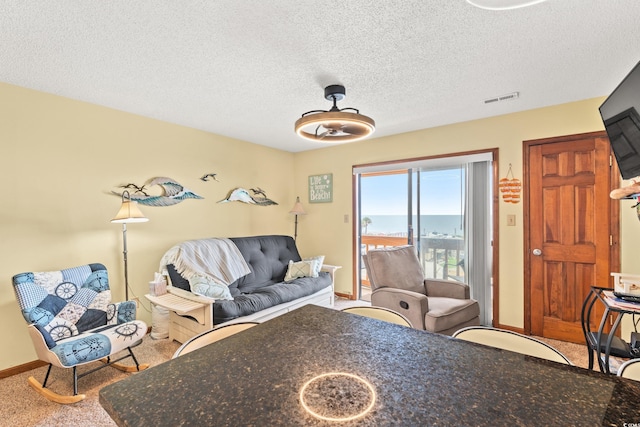 living room with carpet floors and a textured ceiling