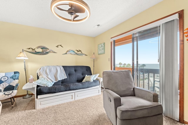 carpeted living room with a textured ceiling