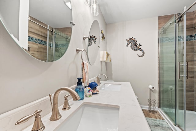 bathroom featuring vanity, hardwood / wood-style floors, and walk in shower