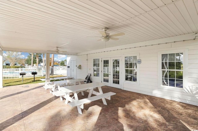 view of patio / terrace with ceiling fan and french doors