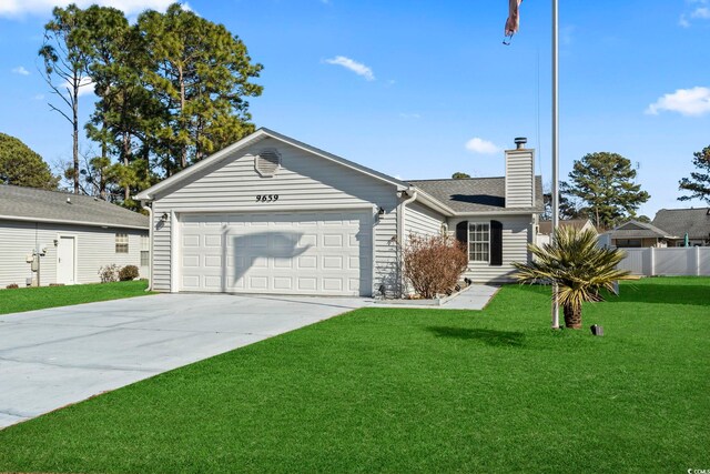 ranch-style house with a garage and a front lawn