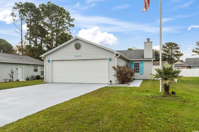 ranch-style home featuring a garage and a front yard