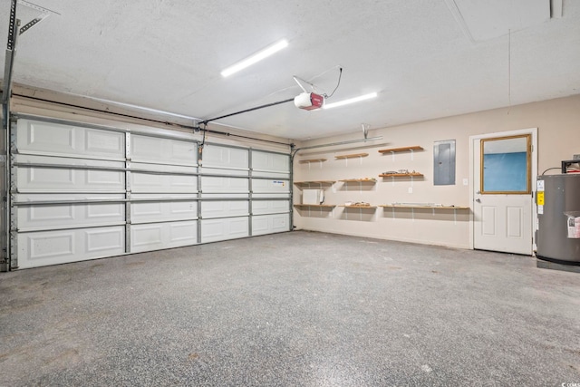 garage featuring a garage door opener, electric panel, and water heater