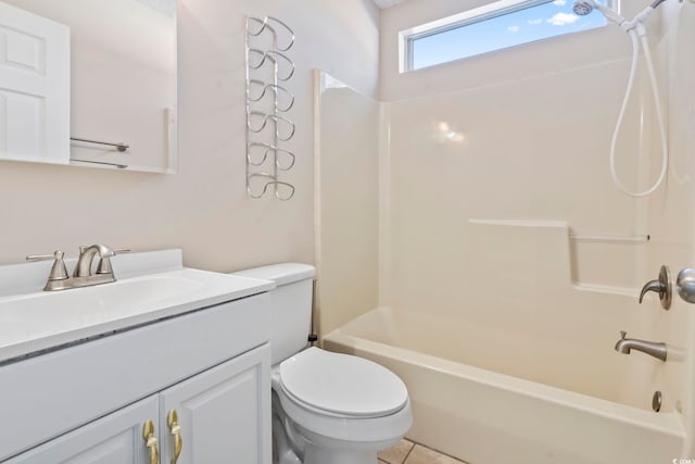 full bathroom featuring bathtub / shower combination, vanity, and toilet