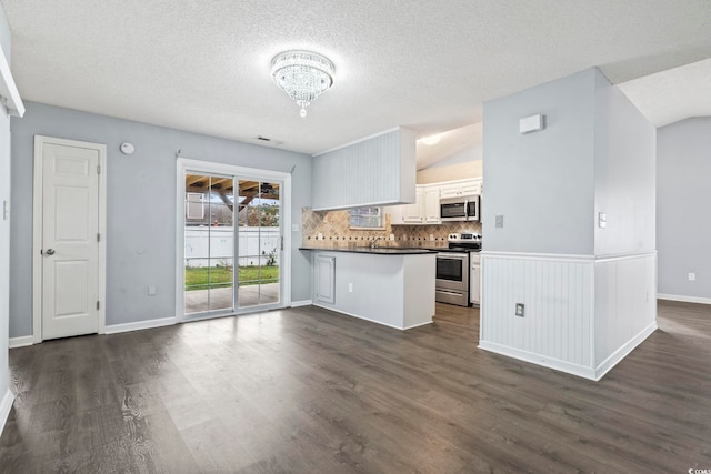 kitchen featuring white cabinetry, appliances with stainless steel finishes, dark hardwood / wood-style flooring, and kitchen peninsula