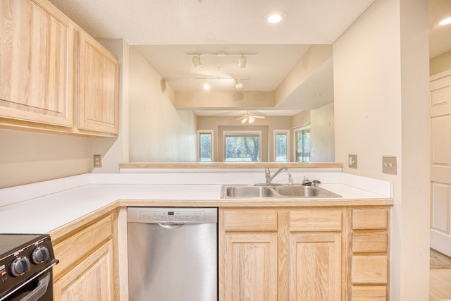 kitchen with dishwasher, light brown cabinets, sink, and track lighting