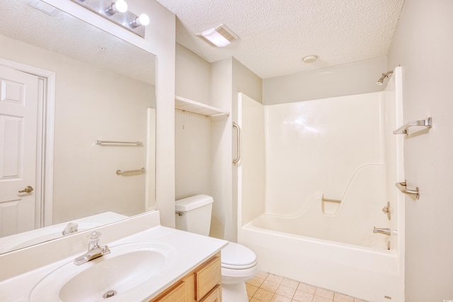 full bathroom featuring vanity, tub / shower combination, a textured ceiling, and toilet