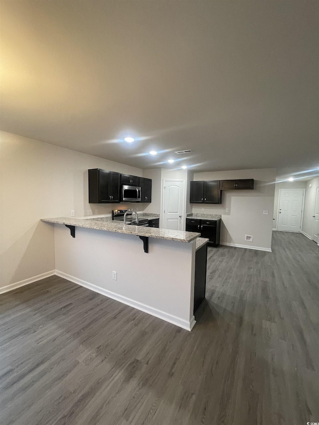kitchen with sink, light stone counters, dark hardwood / wood-style flooring, kitchen peninsula, and a kitchen bar