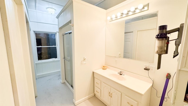 bathroom featuring vanity, concrete flooring, and walk in shower