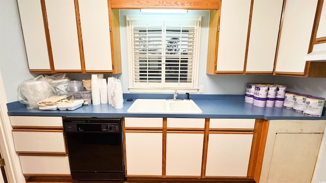 kitchen featuring sink, white cabinets, black dishwasher, and premium range hood