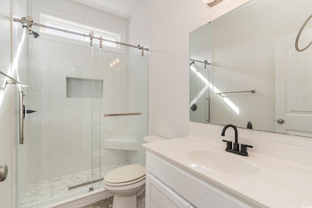 bathroom with vanity, toilet, and a shower with door