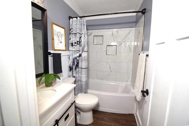 full bathroom featuring shower / bath combo, hardwood / wood-style floors, toilet, vanity, and ornamental molding