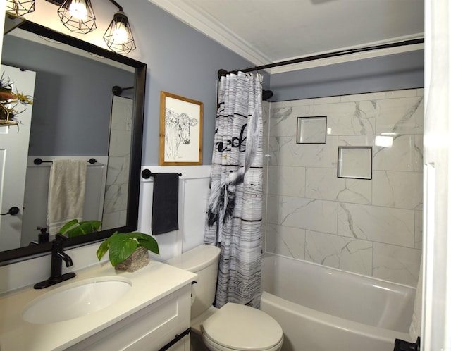 full bathroom featuring toilet, vanity, shower / tub combo, and ornamental molding